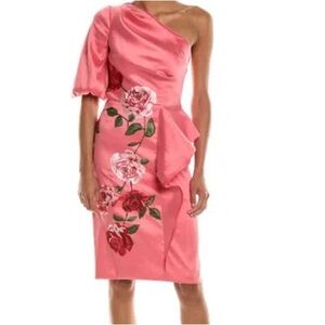 TERI JON STRETCH GAZAR ONE-SHOULDER EMBROIDERED SHEATH DRESS IN CORAL